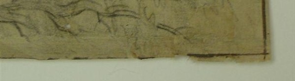 Nach der Restaurierung: der mit Originalteilen und Ergänzungspapier wiederhergestellte Rand (Detailfoto) Nach der Restaurierung: der mit Originalteilen und Ergänzungspapier wiederhergestellte Rand (Detailfoto)